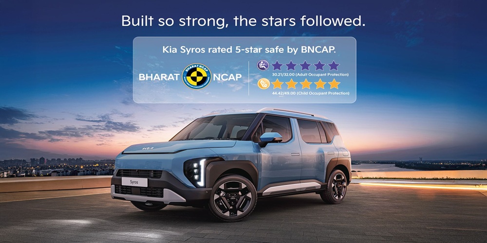 KIA Syros electric SUV rated 5-star safe by Bharat NCAP with top scores in adult and child occupant protection – stylish design at sunset backdrop.