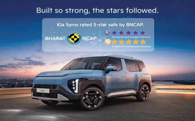 KIA Syros electric SUV rated 5-star safe by Bharat NCAP with top scores in adult and child occupant protection – stylish design at sunset backdrop.