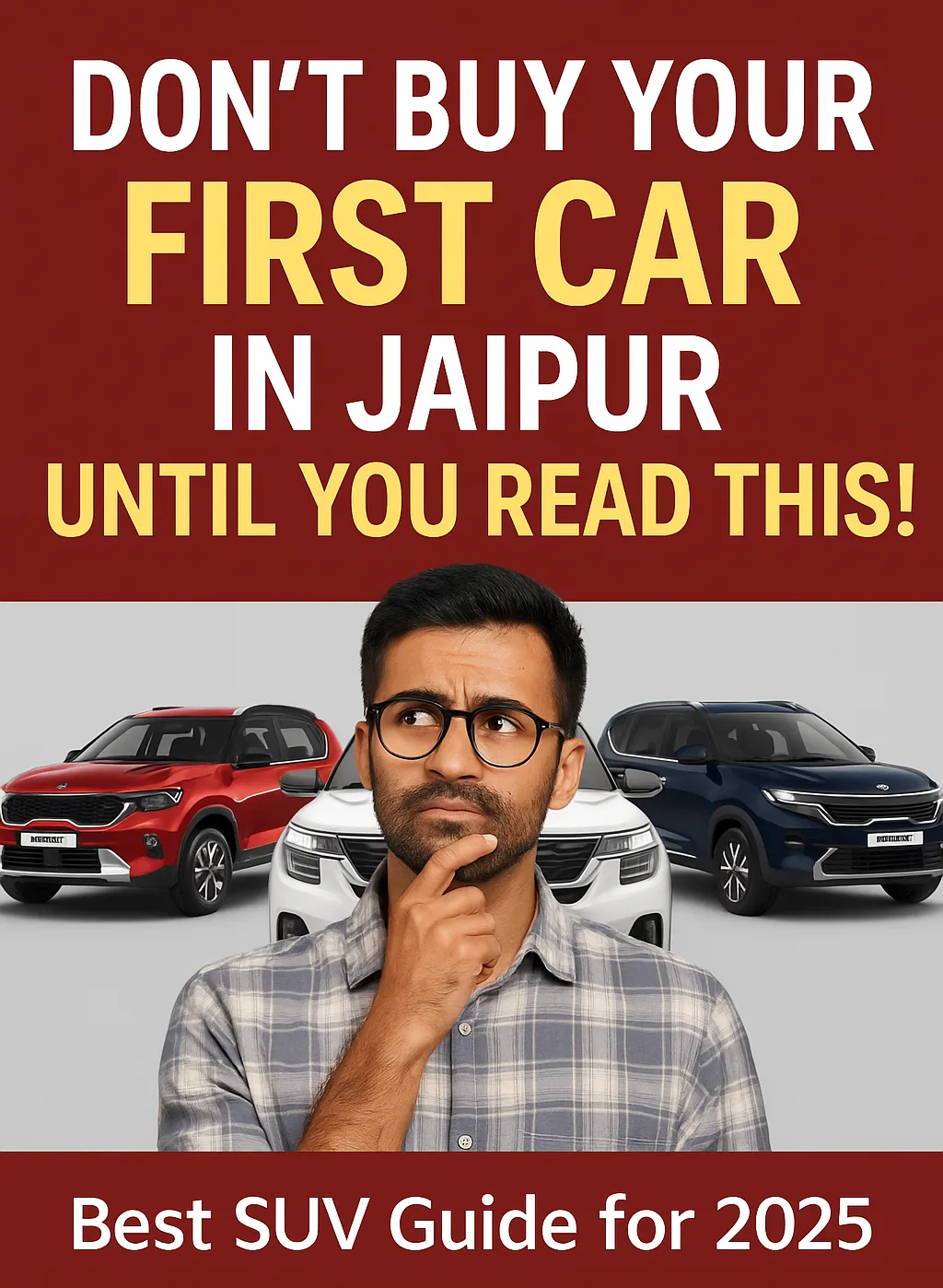 Man thinking with 3 KIA SUVs behind him; bold text says "Don’t Buy Your First Car in Jaipur Until You Read This!"
