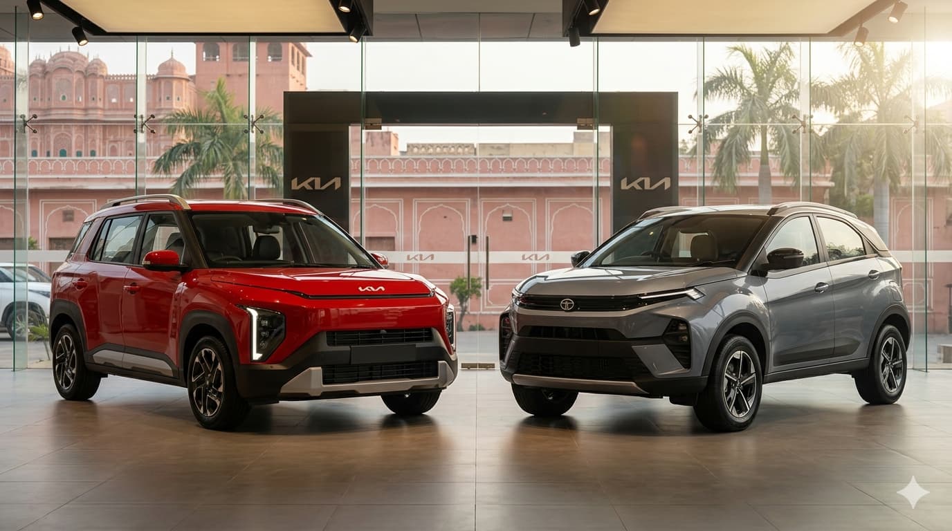 Kia Syros vs Tata Nexon 2026 comparison side by side at Rajesh KIA showroom Jaipur. Book test drive call 8824900971.