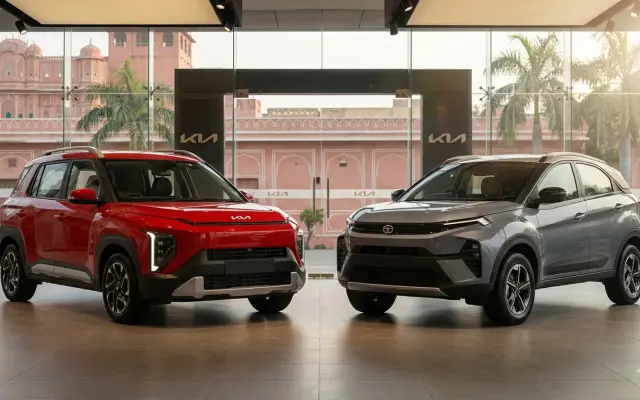 Kia Syros vs Tata Nexon 2026 comparison side by side at Rajesh KIA showroom Jaipur. Book test drive call 8824900971.