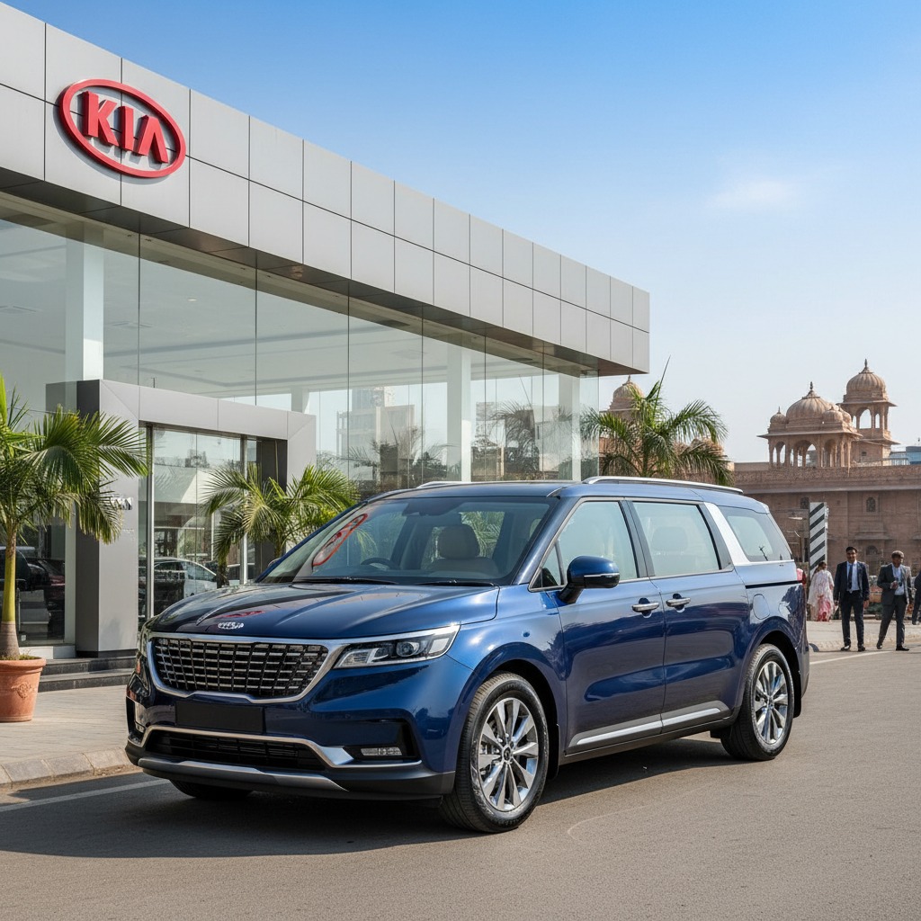 Kia Carnival on road price Jaipur at Rajesh KIA showroom, showcasing the luxury MPV with its elegant design.
