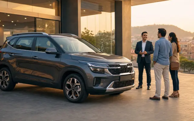 Kia Seltos dealer Jaipur hero image showing buyers comparing the SUV at a Rajesh KIA style showroom before test drive and booking.