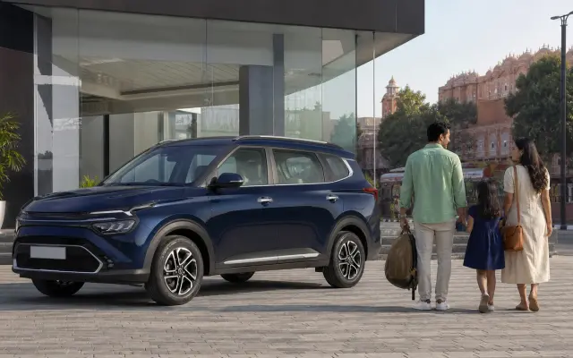 Kia Carens family vs city use Jaipur hero image showing the MPV in Jaipur for buyers comparing daily city comfort with full family practicality before booking.
