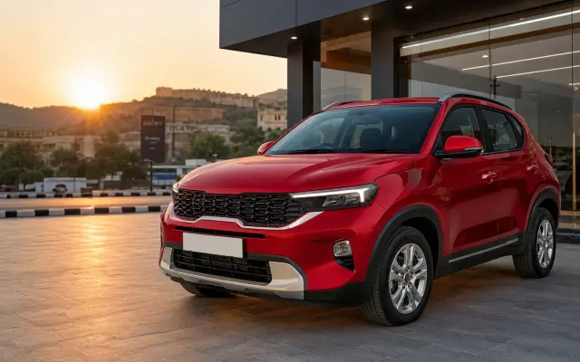 Best Kia Sonet automatic variant Bharatpur hero image showing a red compact SUV outside a Rajasthan dealership for buyers comparing automatic trims before booking.