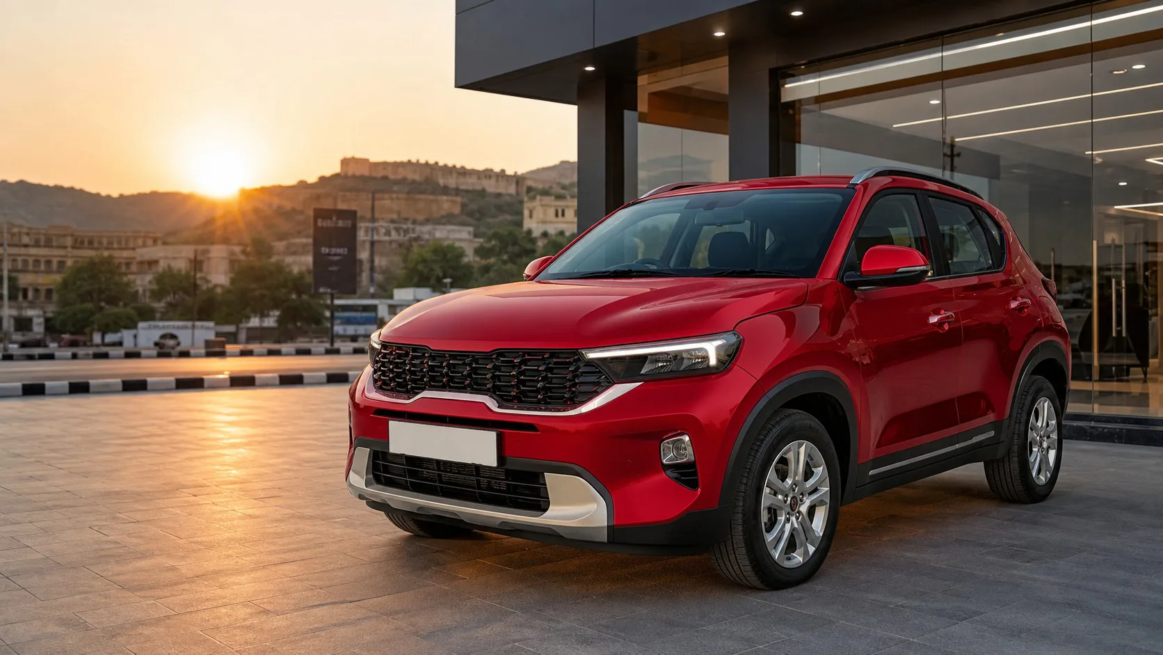 Best Kia Sonet automatic variant Bharatpur hero image showing a red compact SUV outside a Rajasthan dealership for buyers comparing automatic trims before booking.