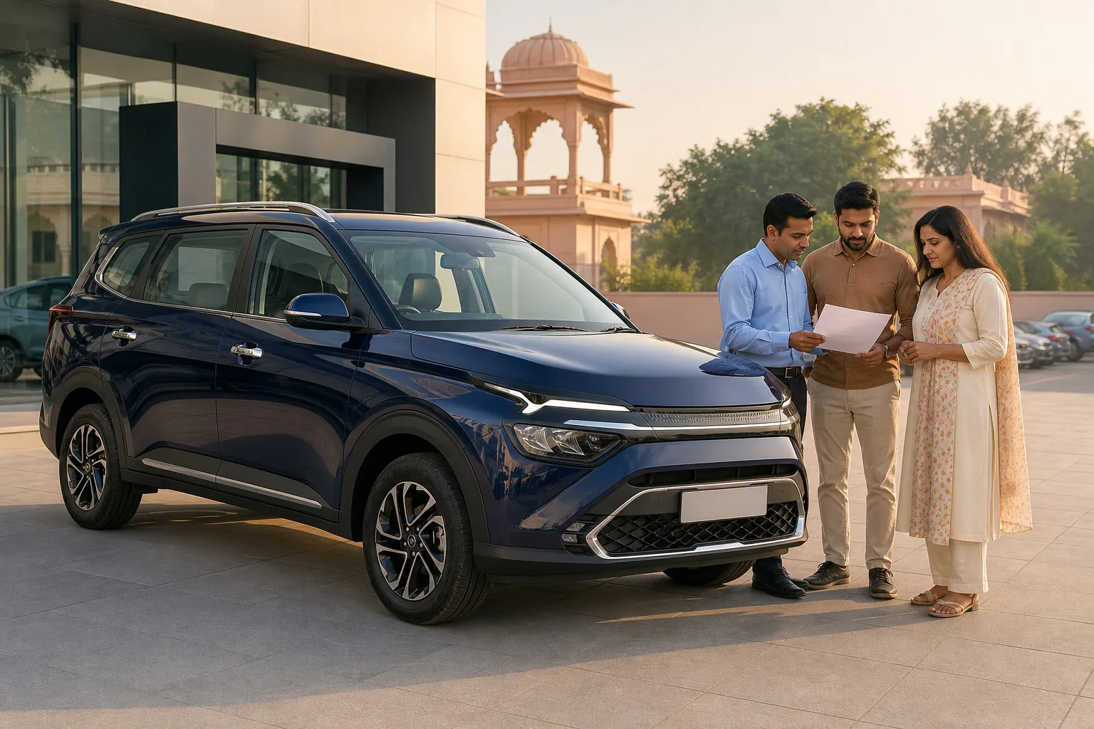 Kia Carens EMI Jaipur hero showing a blue three-row MPV while a Jaipur couple reviews a quotation with a dealership advisor.
