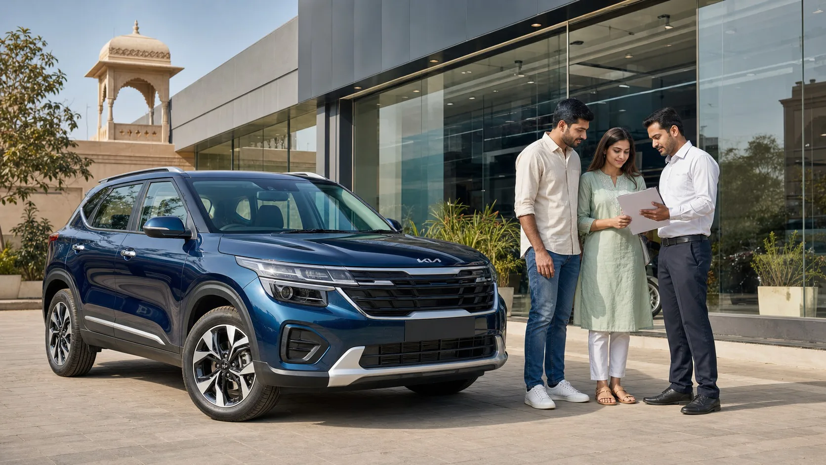 Kia Seltos offers Bharatpur hero showing buyers reviewing a current written quote beside a blue SUV at a Rajasthan dealership.