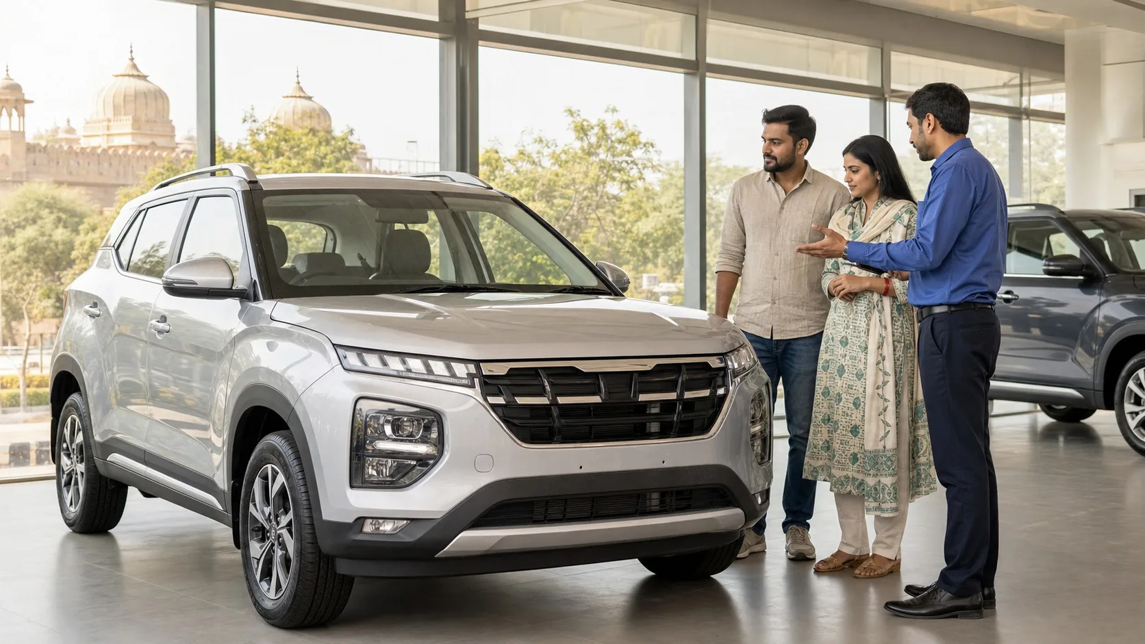 Kia Sonet showroom Bharatpur hero with a family comparing a silver compact SUV with a dealership advisor before requesting a current quote.