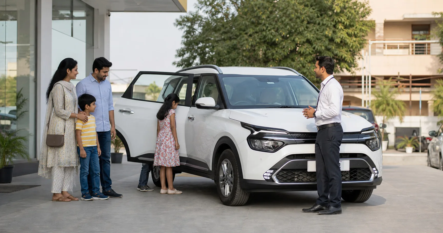 Kia Carens family vs city use Bharatpur hero with family checking a white MPV at a dealership before a current quote.