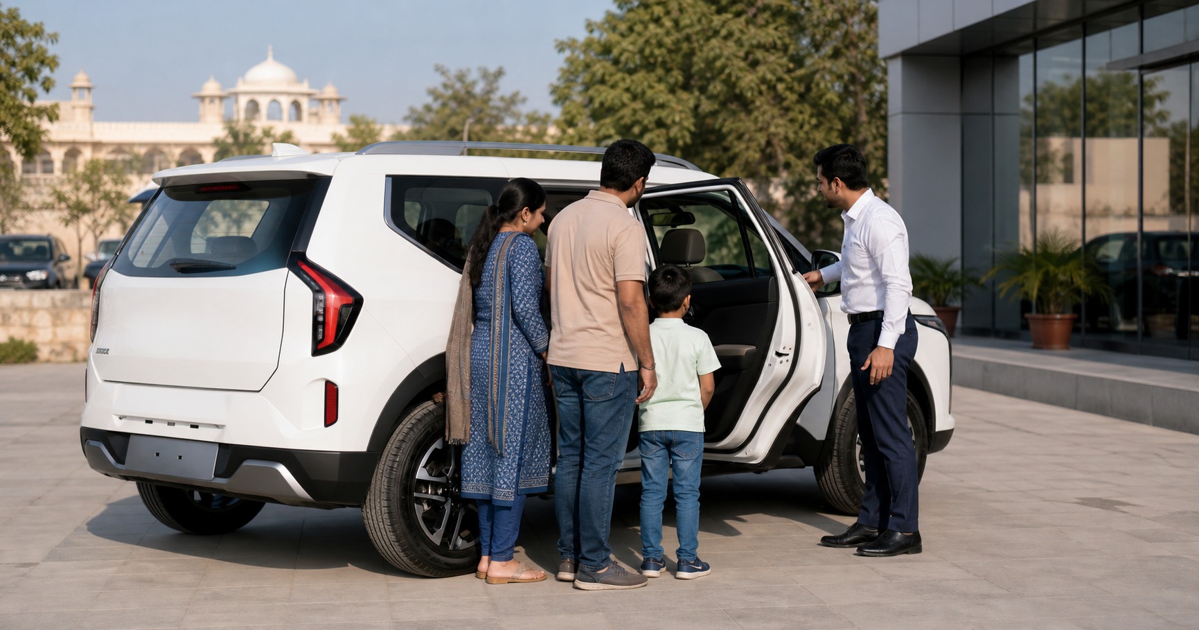 Kia Syros family vs city use Bharatpur hero with a family checking rear-seat space at a dealership before a current quote.