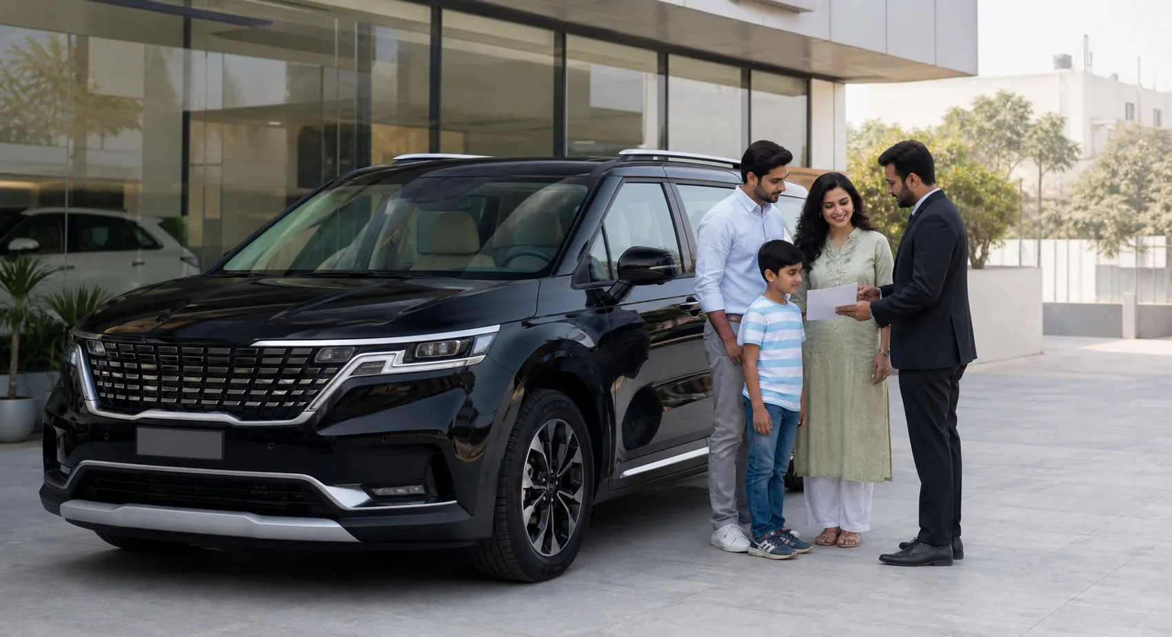 Kia Carnival family vs city use Jaipur hero showing a premium MPV with family reviewing a current quote at a dealership.