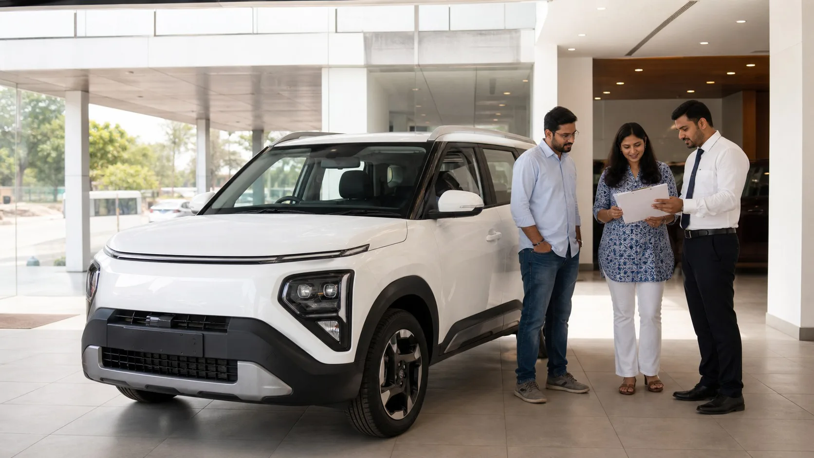 Kia Syros HTK Plus vs HTX Jaipur hero with buyers reviewing a current quote beside a white compact SUV at a dealership.
