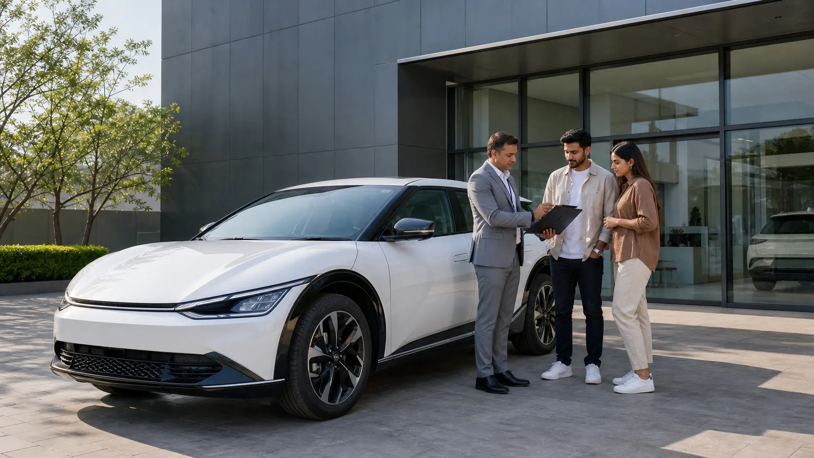 Kia EV6 dealer Jaipur hero with buyers reviewing paperwork beside a white electric crossover at a modern showroom.