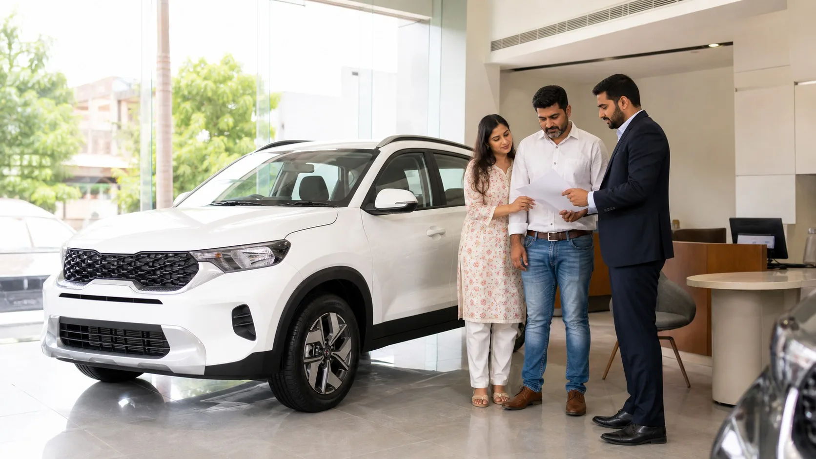 Kia Sonet diesel on road price Bharatpur hero with buyers reviewing a current quote beside a white compact SUV in a showroom.