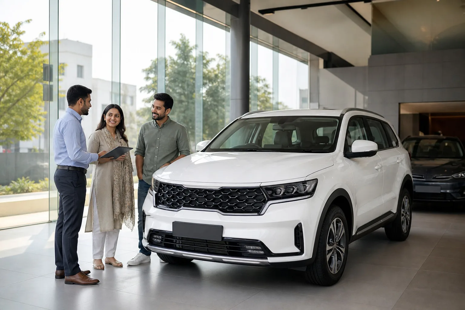 KIA Sorento buying decision Jaipur hero with a family reviewing notes beside a realistic SUV in a bright showroom.