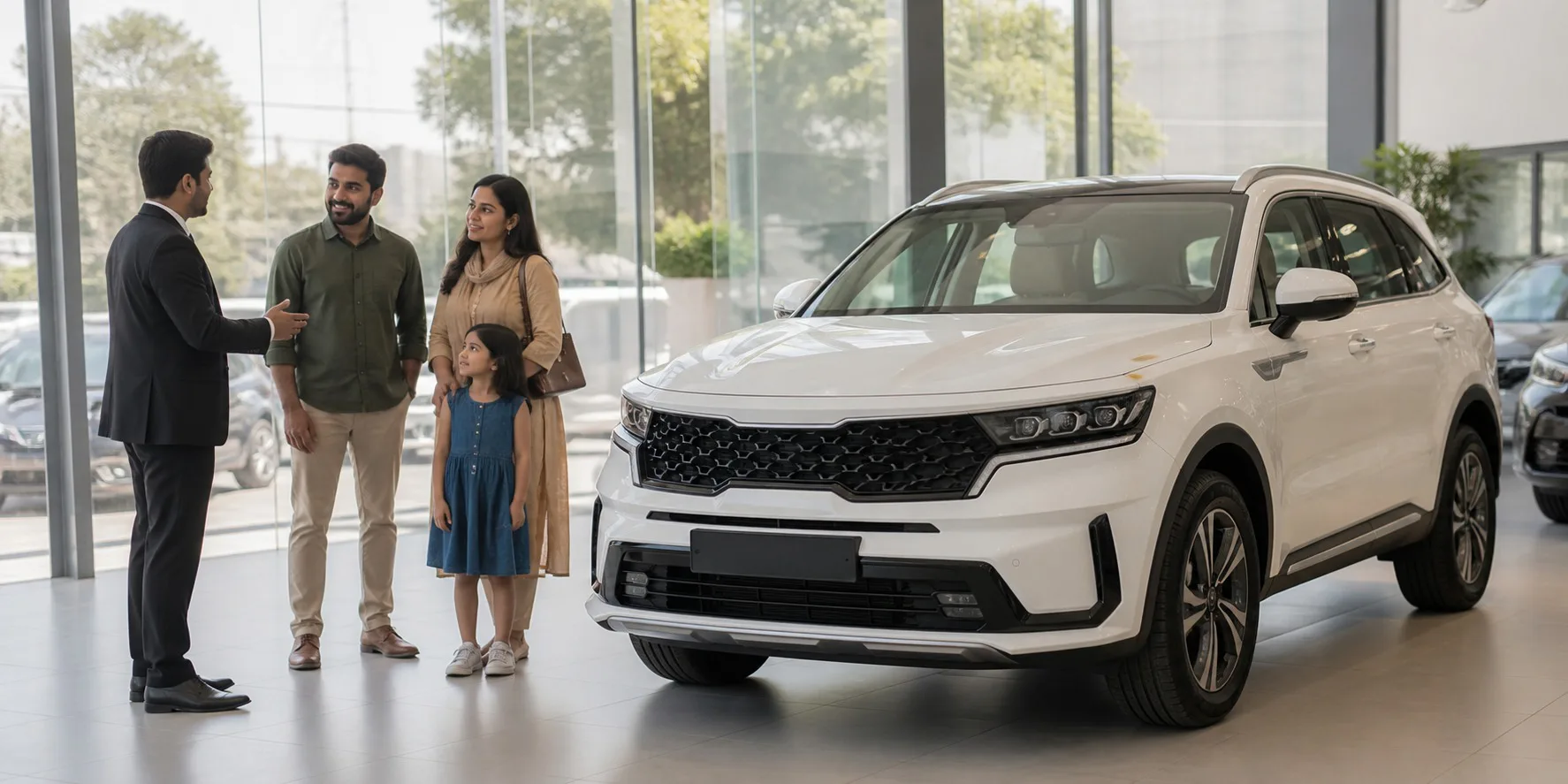 KIA Sorento dealership choice Jaipur hero with a family speaking to a consultant beside a realistic SUV.