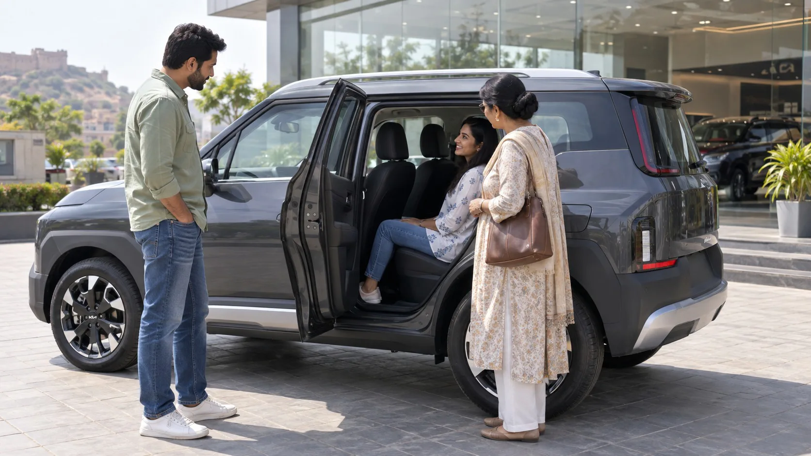 Kia Syros rear seat test drive Jaipur family evaluating second-row access and seating at Rajesh KIA DCM