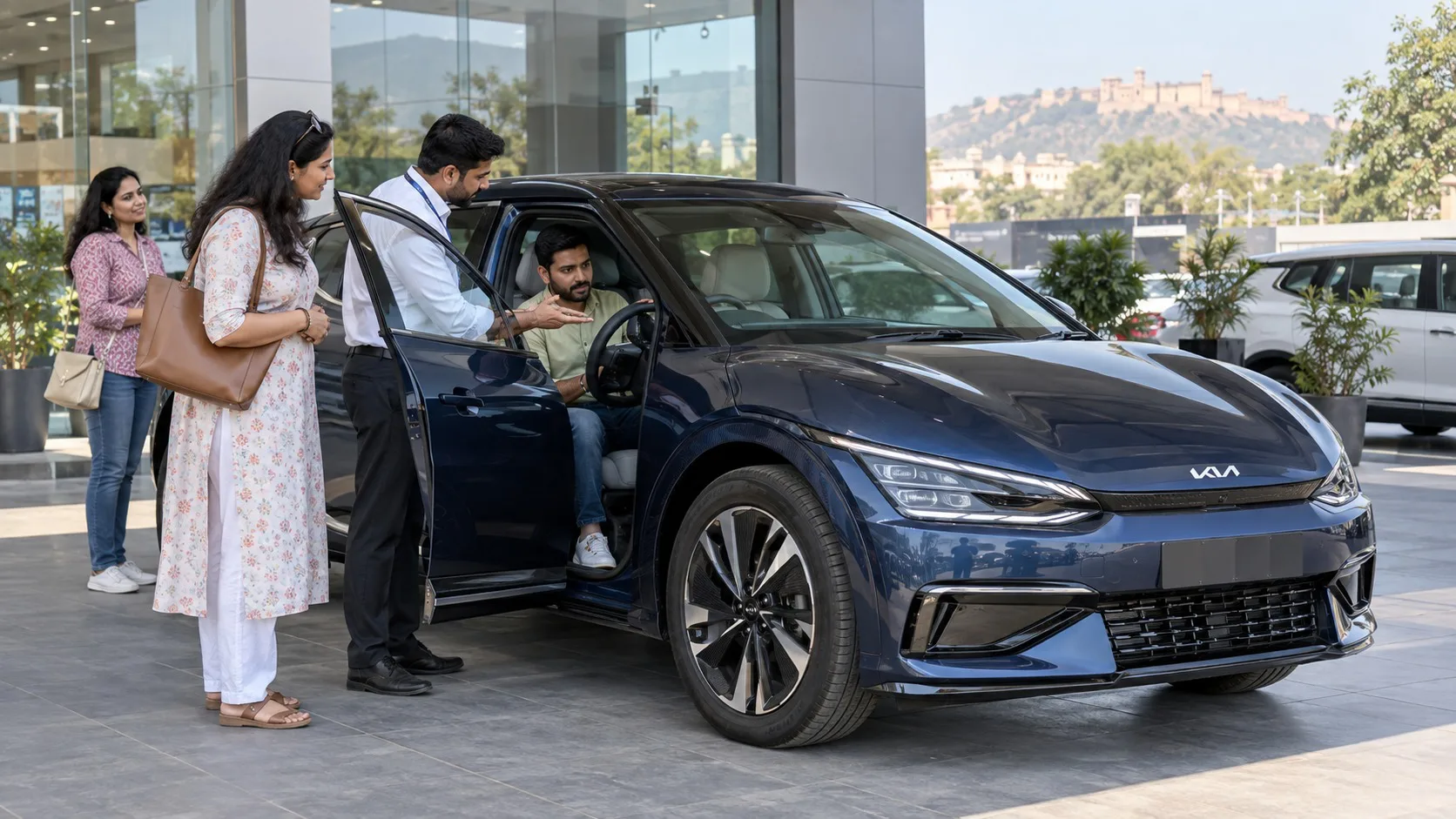 Kia EV6 first EV test drive Jaipur family evaluating shared-driver controls and passenger comfort at Rajesh KIA DCM